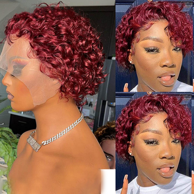 #99J Short Curly bob Pixie Cut 13×1 Lace Frontal Virgin Brazilian Human Hair 150% Glueless with Baby Hair Pre Plucked Wig