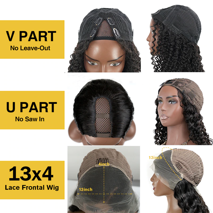 New V Part Kinky Curly Upgrade No Leave Out Brazilian Remy Human Hair Wigs For Women