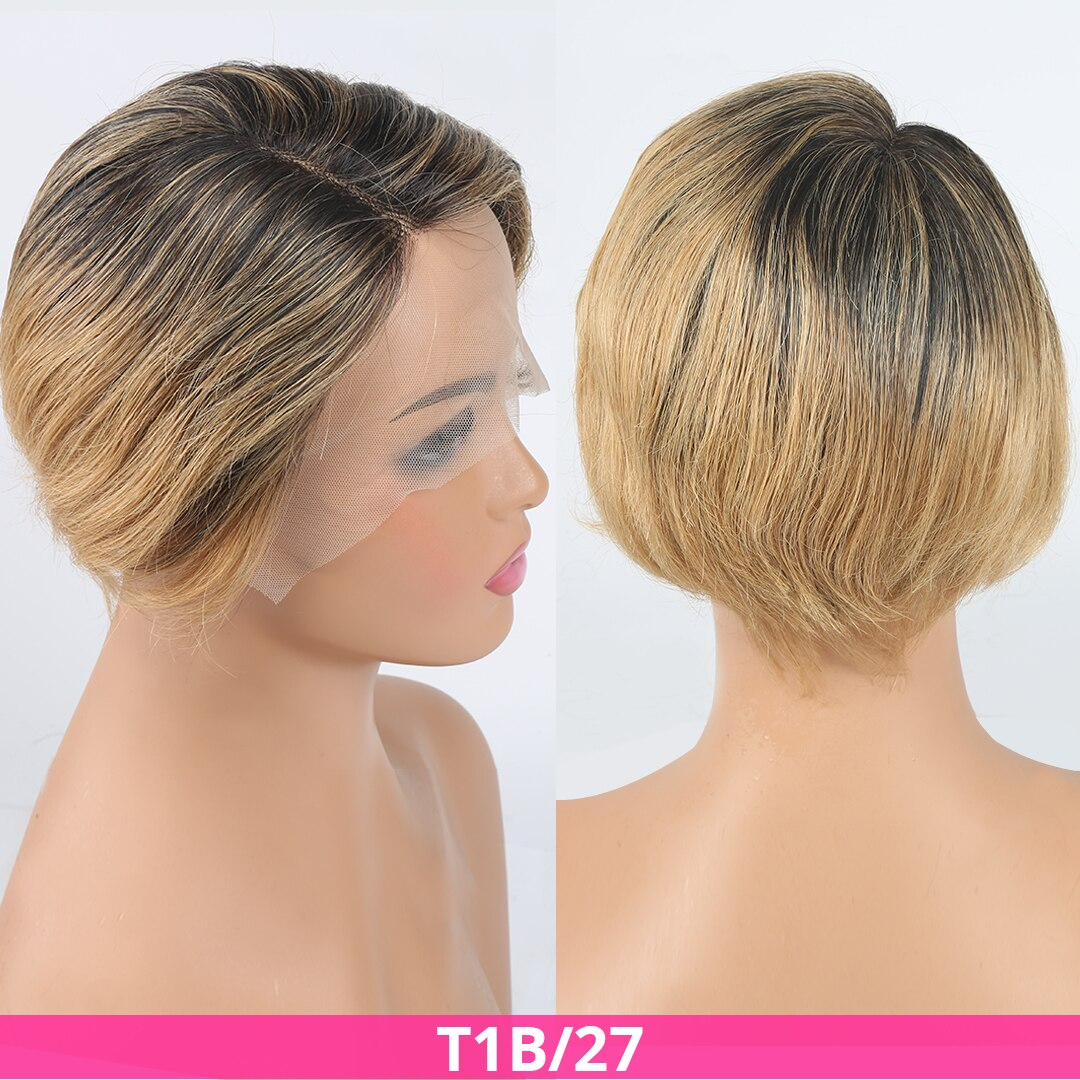 1B/27 13x1 T Lace Side Part Straight Short Pixie Cut Bob Wigs For Women