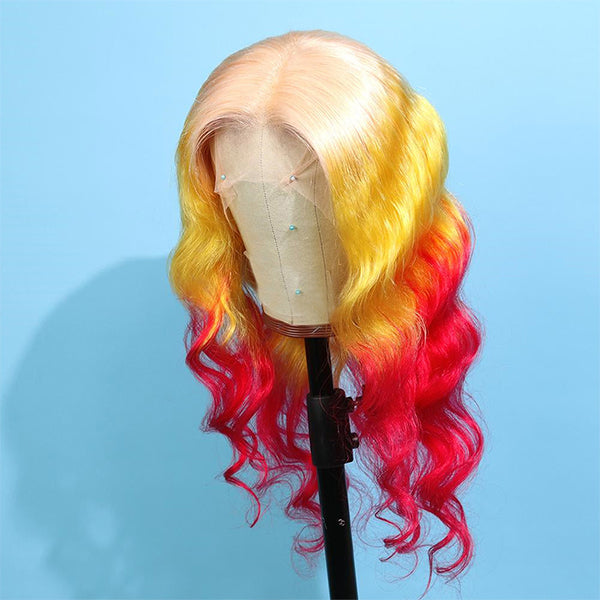 3 tons 613 jaune orange rouge Ombre couleur vague de corps 13x4 dentelle frontale perruque pré-plumée malaisienne perruques de cheveux humains pour les femmes noires 150% densité 
