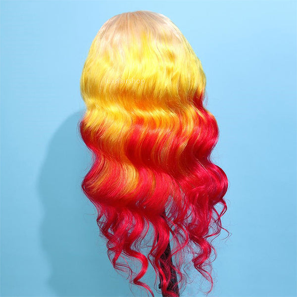 3 tons 613 jaune orange rouge Ombre couleur vague de corps 13x4 dentelle frontale perruque pré-plumée malaisienne perruques de cheveux humains pour les femmes noires 150% densité 