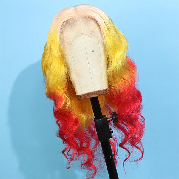 3 Tone 613 Yellow Orange Red Ombre Color Body wave 13x4 Lace Frontal Wig Pre-Plucked Malaysian Human Hair Wigs For Black Women 150% Density