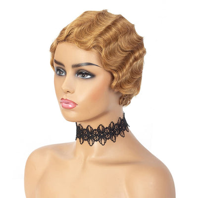 #30 Pixie Cut Finger Wave Short Bob Full Machine None Lace Front Wigs 100% Human Hair