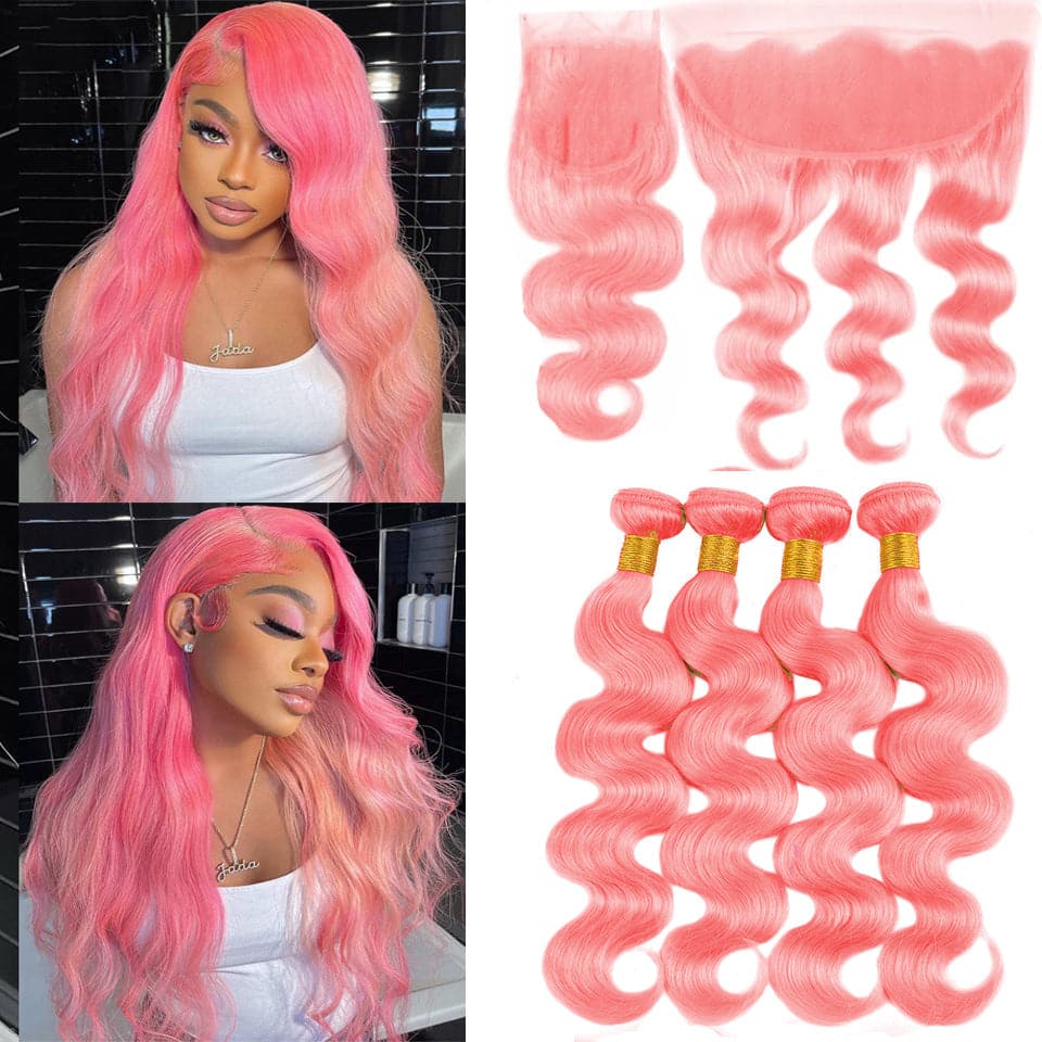 Body Wave 4 Bundles With 13x4 frontal light Pink Colored 100% Human Hair Weave With 4x4  Closure Lumiere Hair