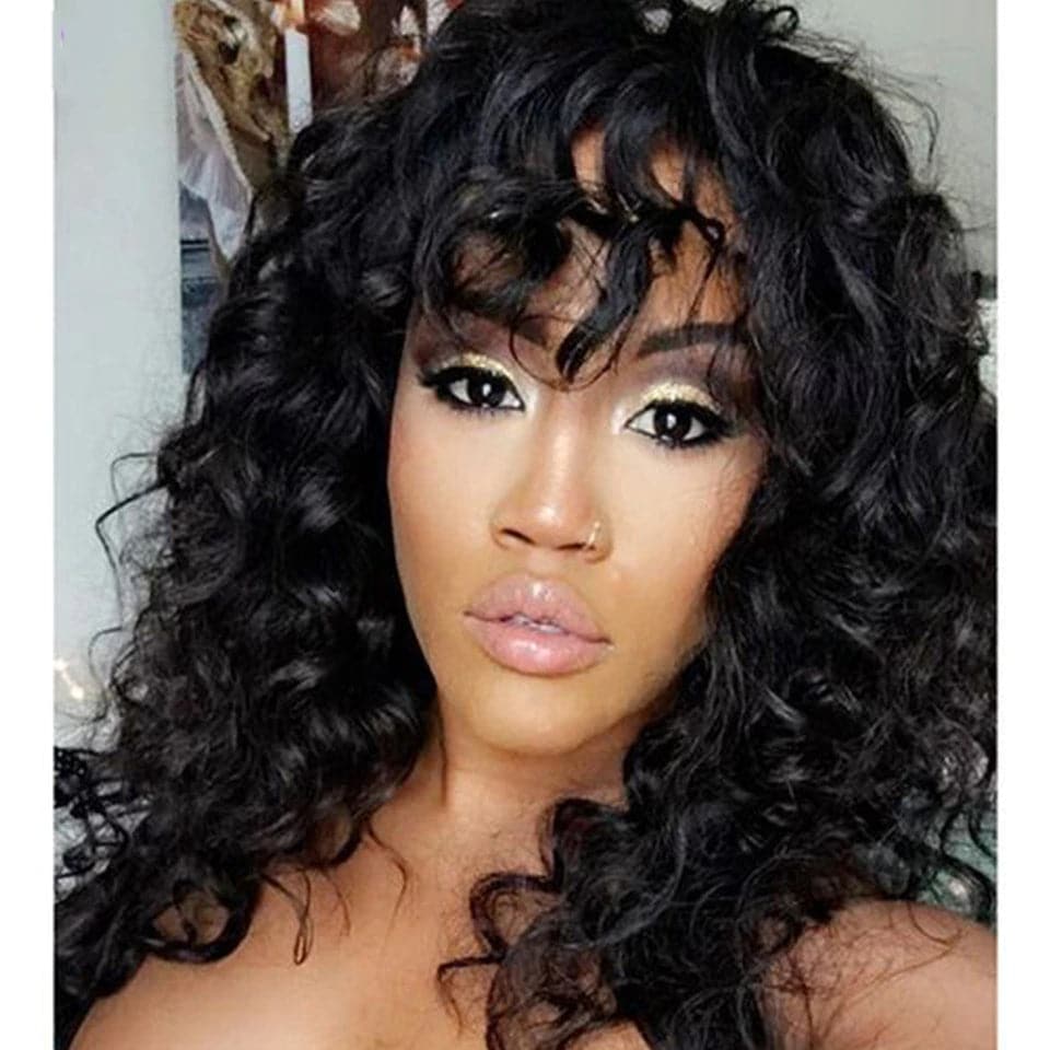 Loose Deep Wave Wig Human Hair Wigs For Black Women Full Machine None Lace Wig With Bang
