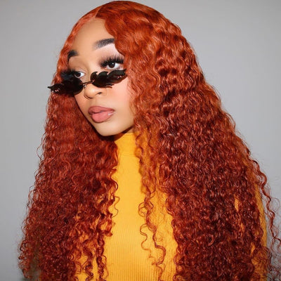 #350 Ginger Kinky Curly 5x5 13x4 Perucas de cabelo humano com frente de renda pré-arrancadas para mulheres negras 