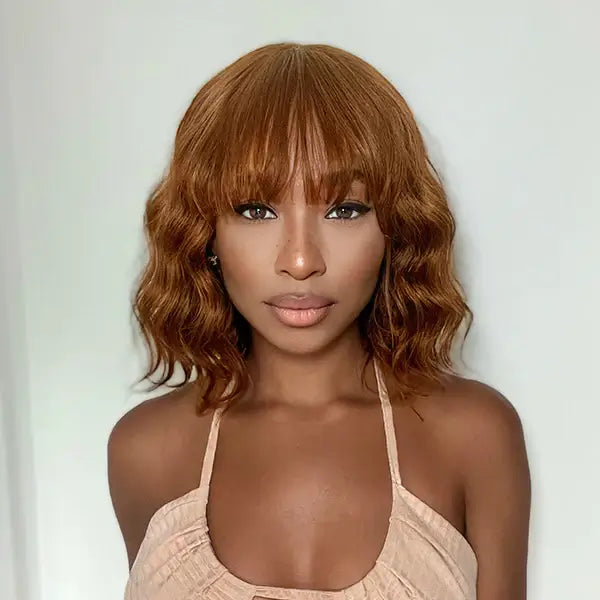 #30 Loose Bob Ocean Wave Wig With Bangs Full Machine Made 14 Inch