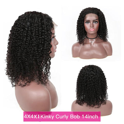 Kinky Curly Short Bob 4x4x1 T Part Lace Front Human Hair Wigs Pre-plucked with Baby Hair