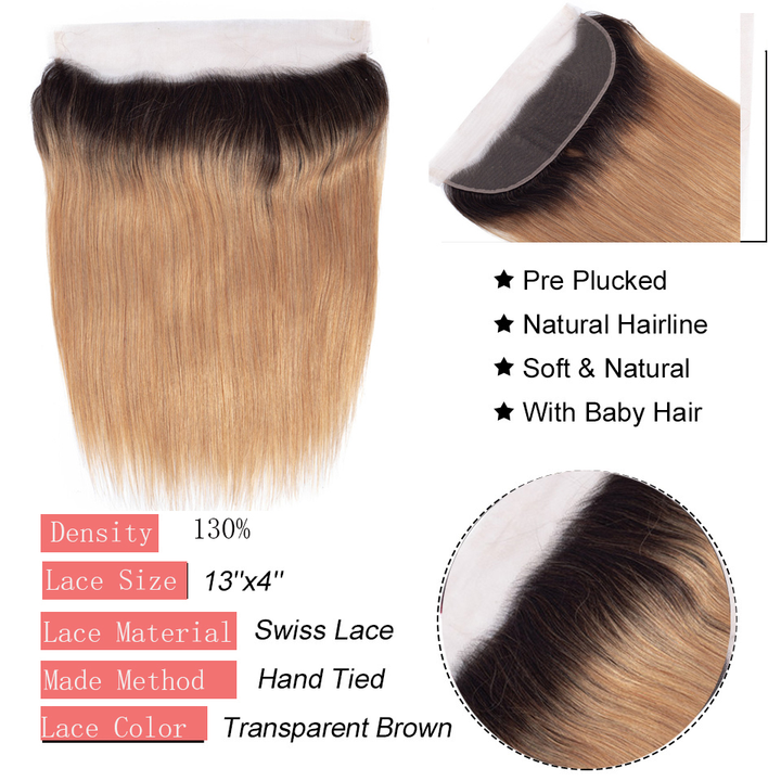 lumiere 1B/27 Ombre Cheveux Raides 3 Faisceaux Avec 13x4 Dentelle Frontal Pré Coloré Oreille À Oreille 