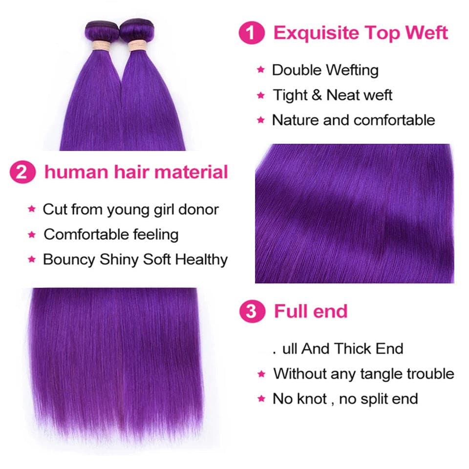 Purple Colored Hair Bundles Straight Hair 3 Bundles with 4x4 HD Lace Closure Human Hair Extensions