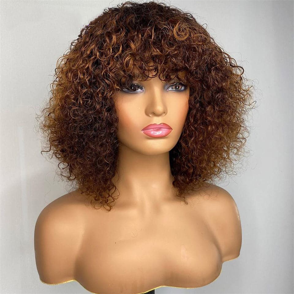 Highlight Blonde / Natural Black Kinky Curly Short Pixie Bob Cut With Bang None Lace Front Wig Pour Les Femmes Noires 
