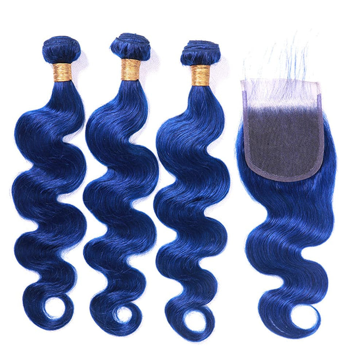 Klein Blue Colored Body Wave 3 pacotes com extensões de cabelo humano 4x4 HD com fecho de renda 