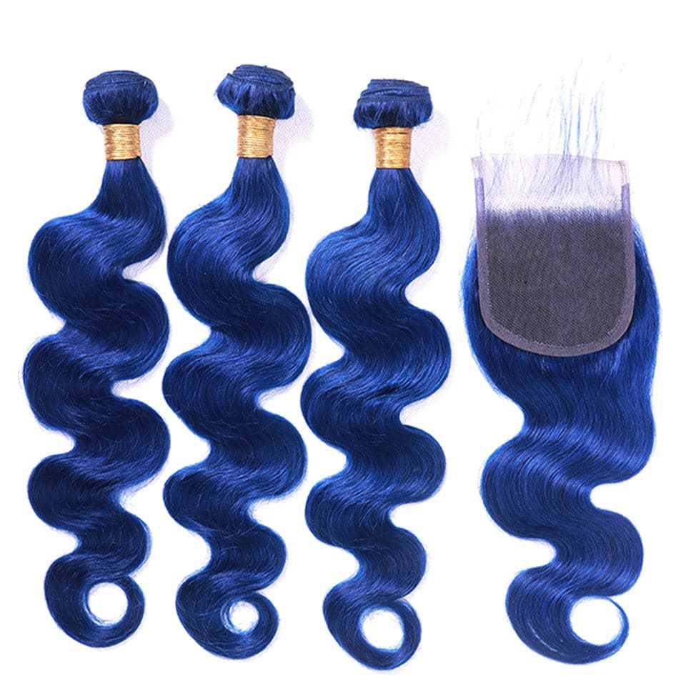Klein Blue Colored Body Wave 3 Bundles with 4x4 HD Lace Closure Human Hair Extensions