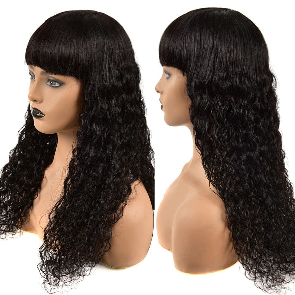 Water Wave Full Machine Made None Lace Front Wigs With Bangs Human Hair Wigs