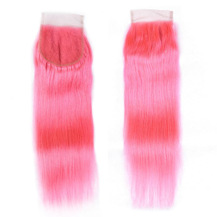 Cheveux raides de couleur rose 3 faisceaux avec des extensions de cheveux humains à fermeture à lacet 4x4 HD 