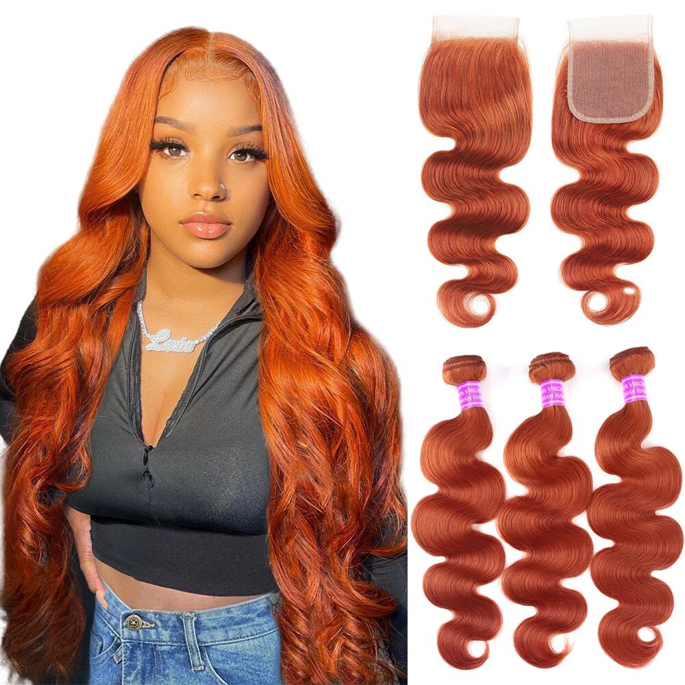 350 Ginger Orange Body Wave 3 Bundles avec 4x4 Lace Closure 100% Remy Hair Extension 
