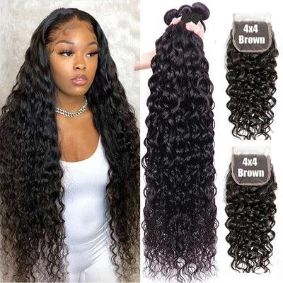 Water Wave 3 Bundles With 4x4 Lace Closure Brazilian Human Hair