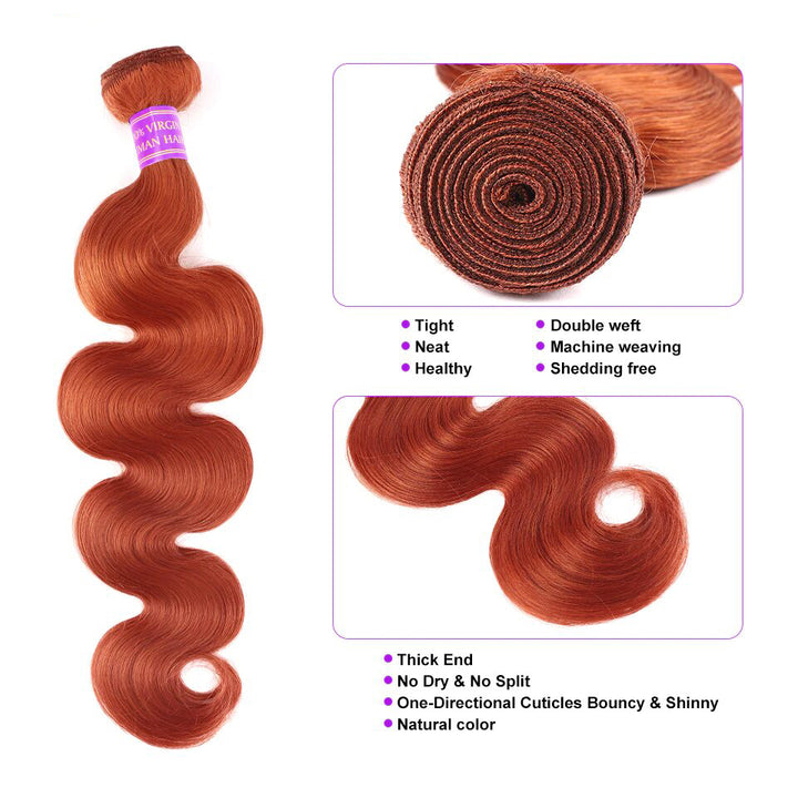 350 Ginger Orange Body Wave 3 Bundles With 4x4 Lace Closure 100% Remy Hair Extension