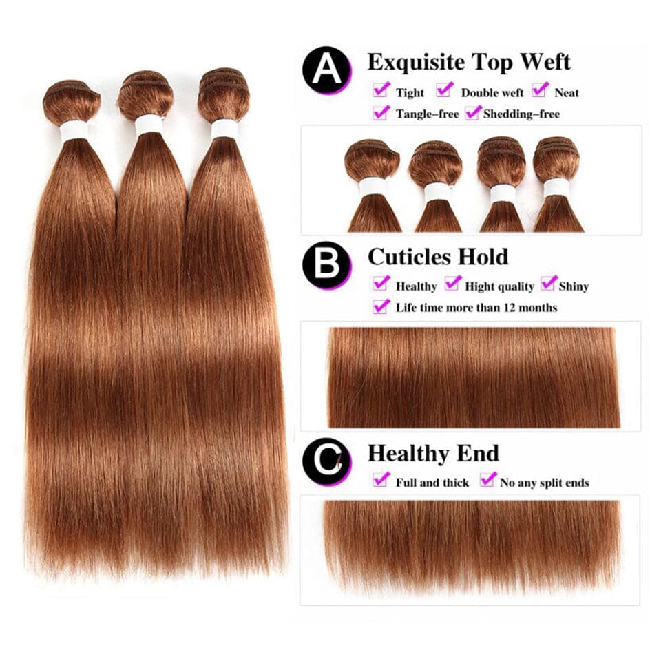 lumiere Color #30 Straight Hair Weave 4 Bundles 100% Virgin Human Hair Extension - Lumiere hair