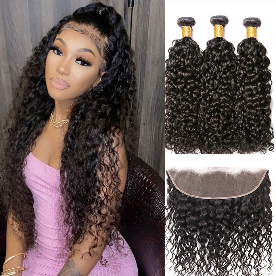Peruvian Water Wave 3 Bundles With 13x4 Lace Frontal 100% Remy Human Hair