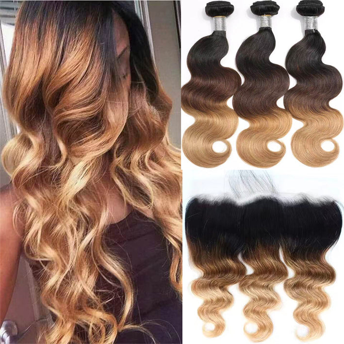 1B/4/27 Body Wave 3 Bundles With 13X4 Lace Frontal Pre-colored for black women