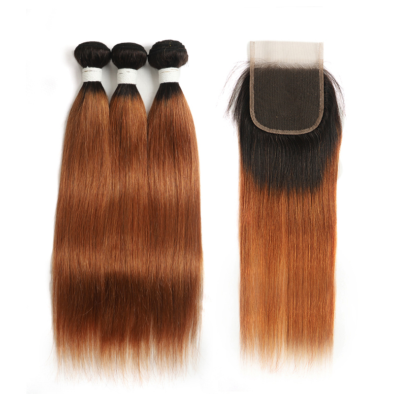 Ombre 1B/30 Straight Hair 3 Bundles With Closure 4x4 pre Colored 100% virgin human hair - Lumiere hair