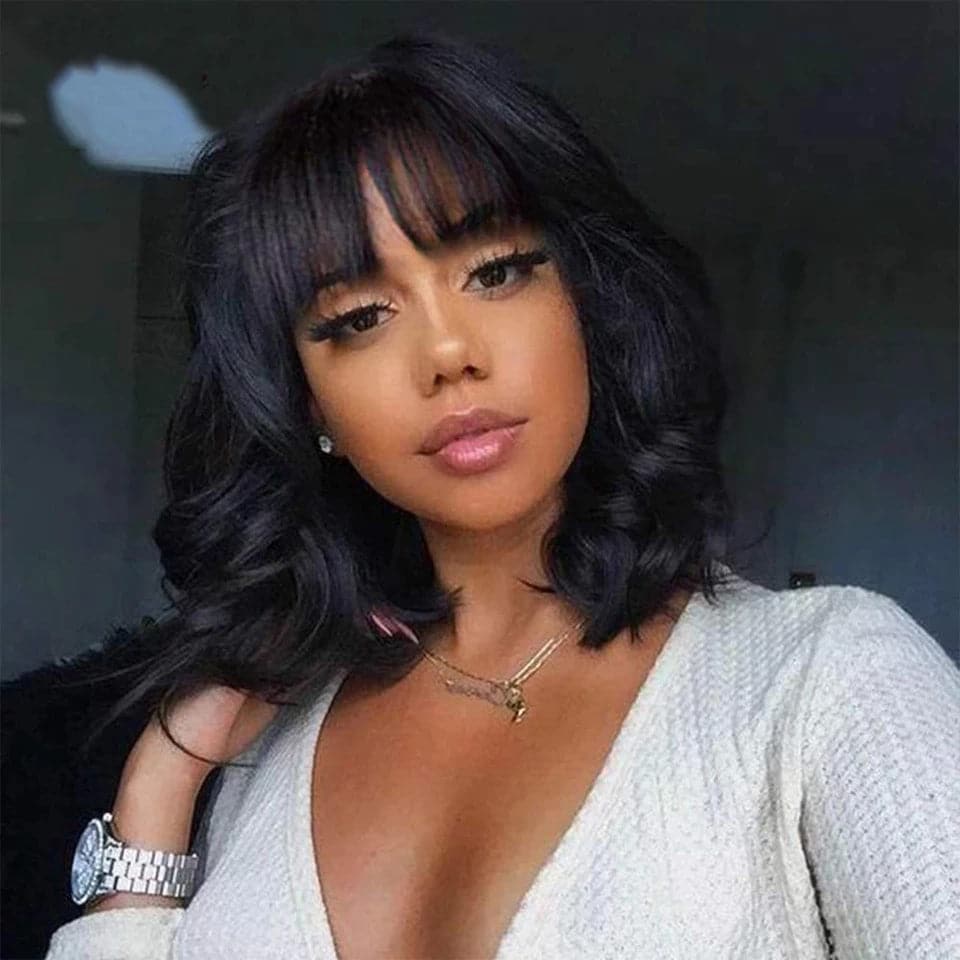 Body Wave Bob Full Machine Made None Lace With Bangs For Women