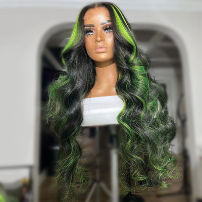 Green Black Highlight Body Wave Lace Front Human Hair Wig