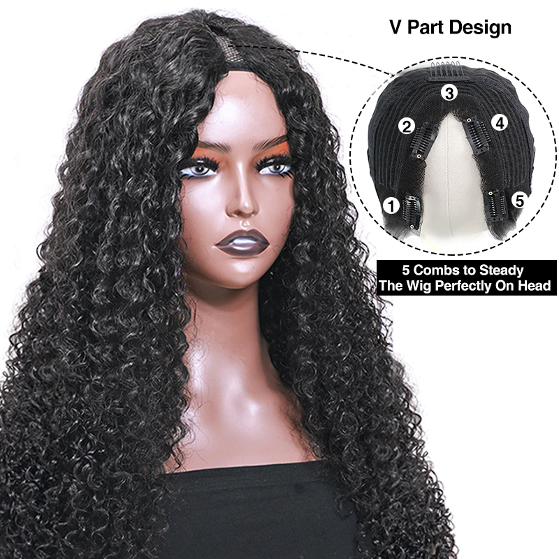New V Part Kinky Curly Upgrade No Leave Out Brazilian Remy Human Hair Wigs For Women