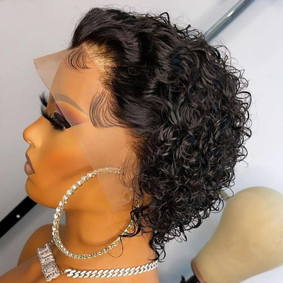 Natural Black 13×1 Lace Short Curly Bob Pixie Cut Human Hair Wigs For Black Women