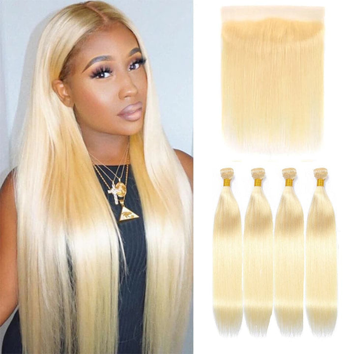 613 Blonde Straight 4 Bundles with 13*4 Frontal Human Virgin Hair transparent lace - Lumiere hair