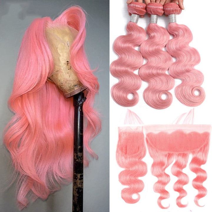 Body Wave 4 pacotes com luz frontal 13x4 rosa colorido 100% tecido de cabelo humano com fechamento 4x4 cabelo Lumiere 