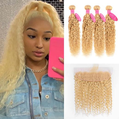 613 Blonde water Wave 4 Bundles with 13x4 Frontal with transparent lace
