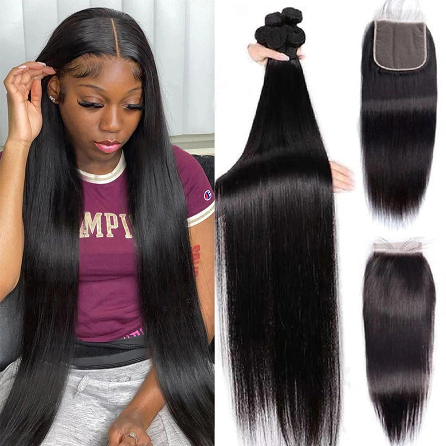 (B1) Lumiere Straight Hair 4 Bundles With 4x4 Lace Closure Remy Long Human Hair