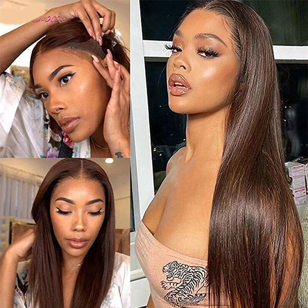Chocolate Brown Colored Straight HD Lace Frontal Human Hair Wigs for black women