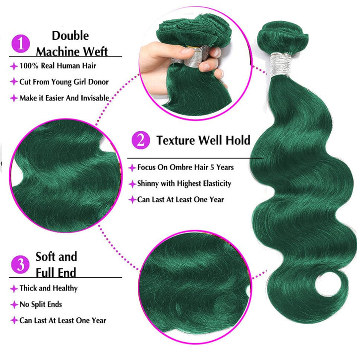 Pacotes de cabelo verde escuro cabelo ondulado 3 pacotes com extensões de cabelo humano com fecho de renda 4x4 HD 