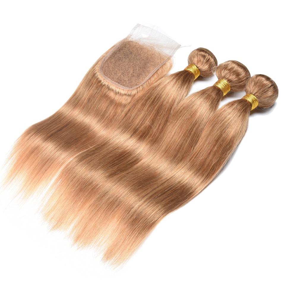 #27 light Brown Straight Hair 4 Bundles With 4x4 Lace Closure Pre Colored human hair - Lumiere hair