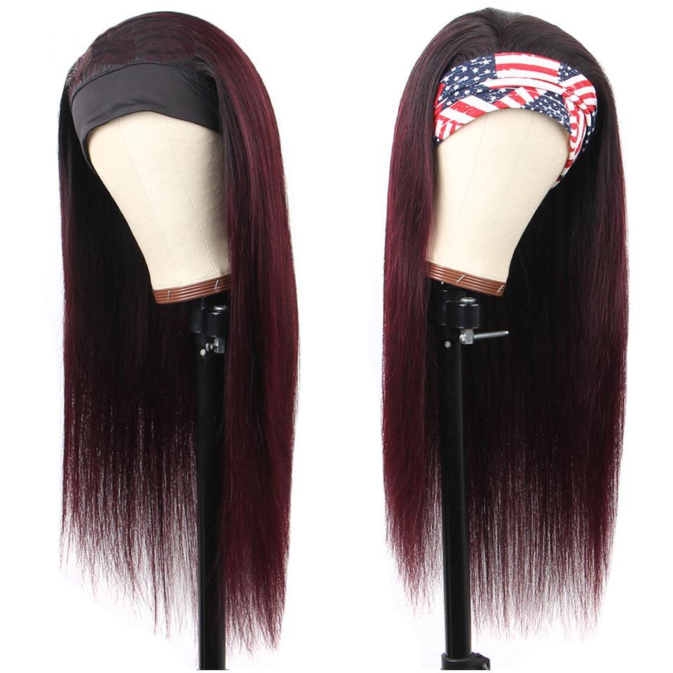 Ombre 1B/99J Straight Headband Full Machine Made None Lace Human Hair Wig
