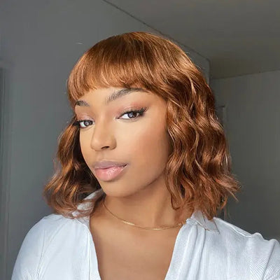 #30 Loose Bob Ocean Wave Wig With Bangs Full Machine Made 14 Inch