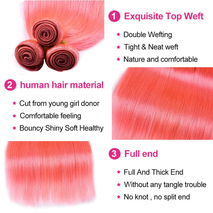 3 pacotes de cabelo liso cor de rosa com extensões de cabelo humano 4x4 HD com fecho de renda 
