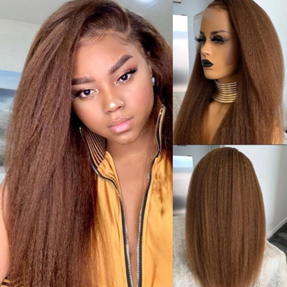 Lumiere Hair #4 Brown Kinky Straight Lace Frontal / Closure Human Hair Wigs For Black Women