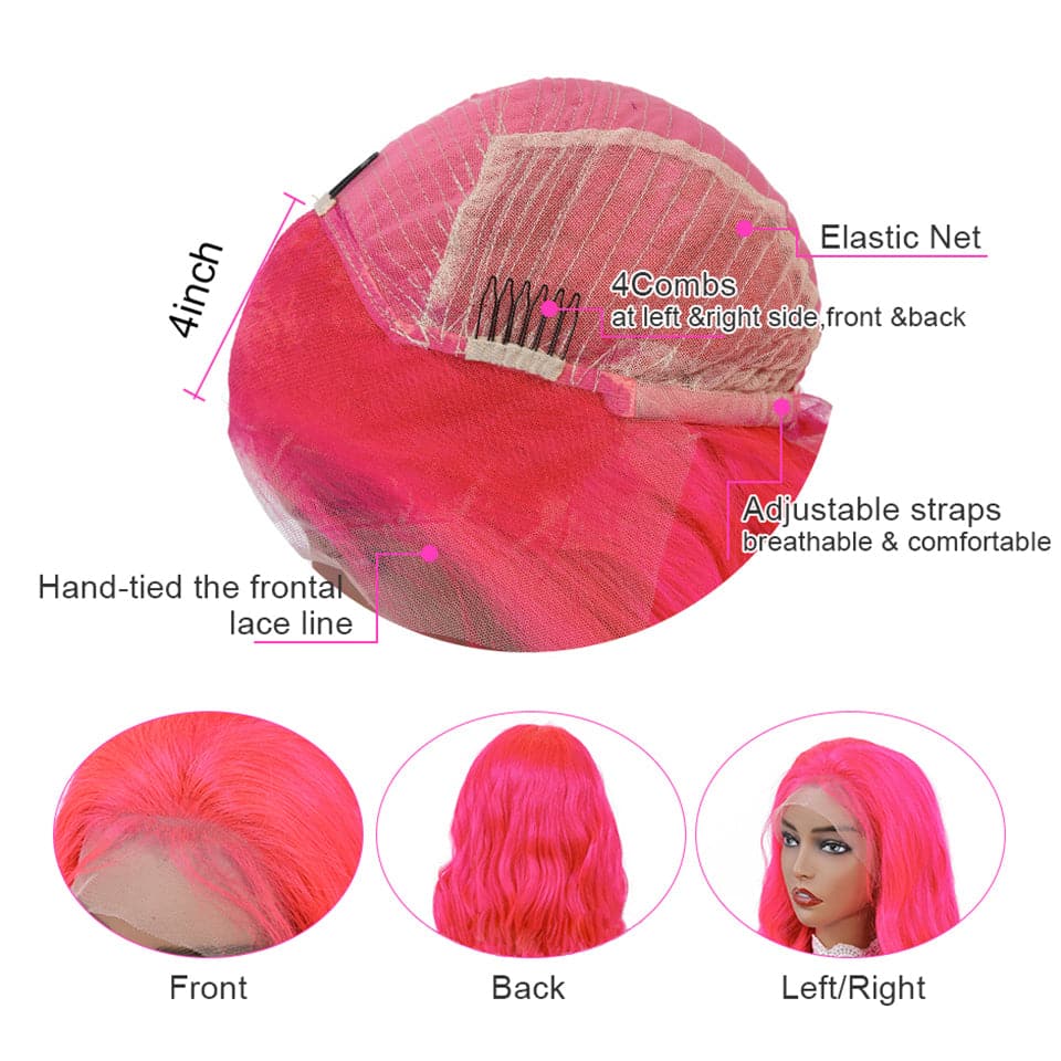 Peruca de cabelo humano feminino rosa escuro ondulado com frente em renda 