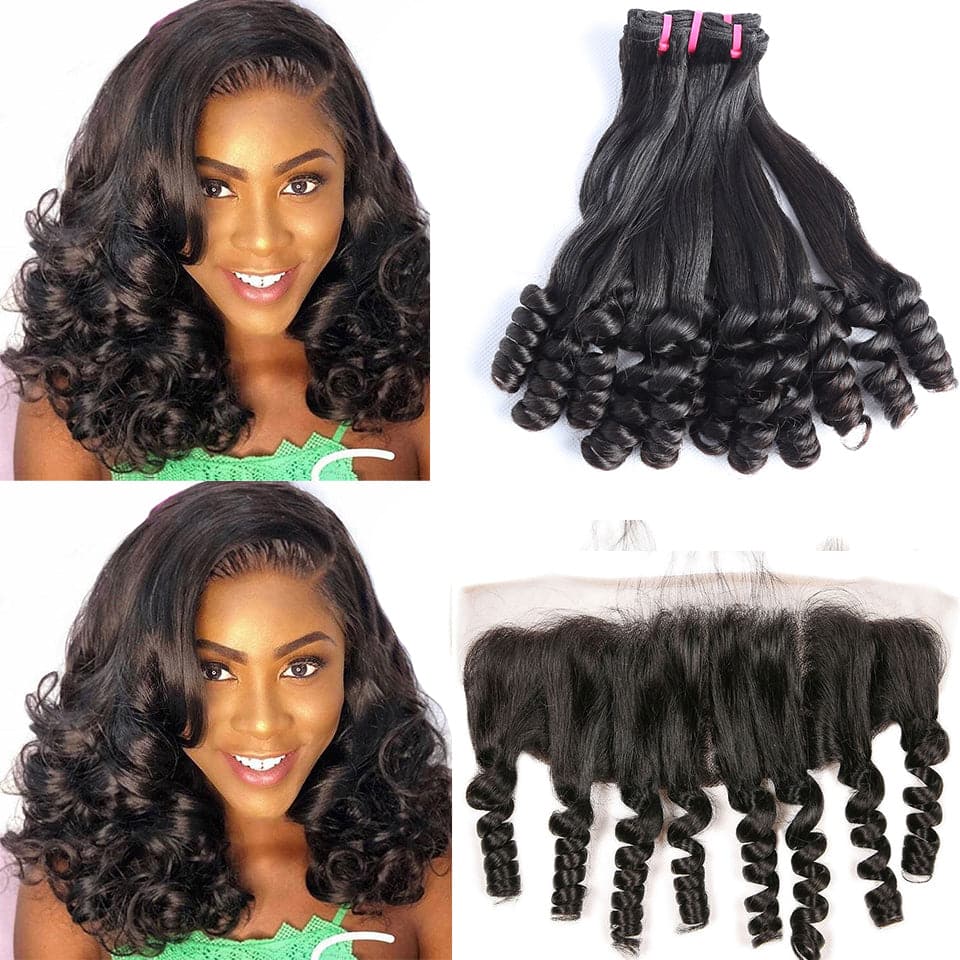 10A Straight Funmi Curly 4 Human Hair Bundles With 13x4 HD Lace Frontal Virgin Hair