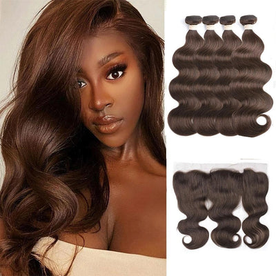 lumiere #4 Brown Body Wave 4 Bundles With 13x4 Lace Frontal Pre Colored Ear To Ear - Lumiere hair