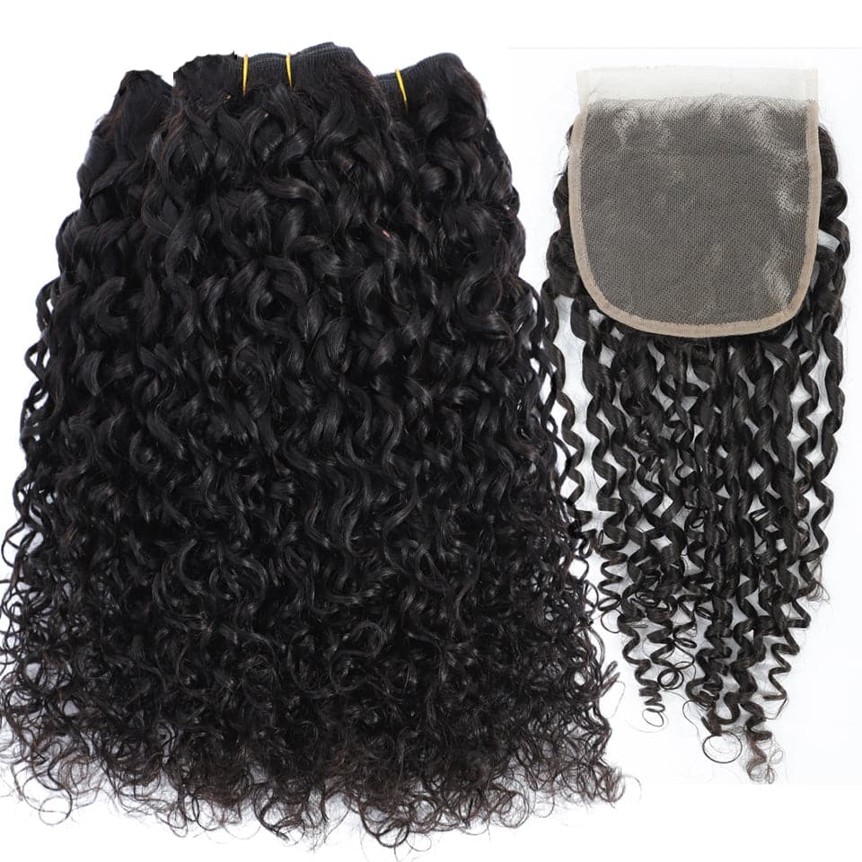 Pixie Curly 100% Cheveux Humains 4 Bundles avec Fermeture 4x4 Couleur Naturelle Remy Weave Virgin Hair Weave 