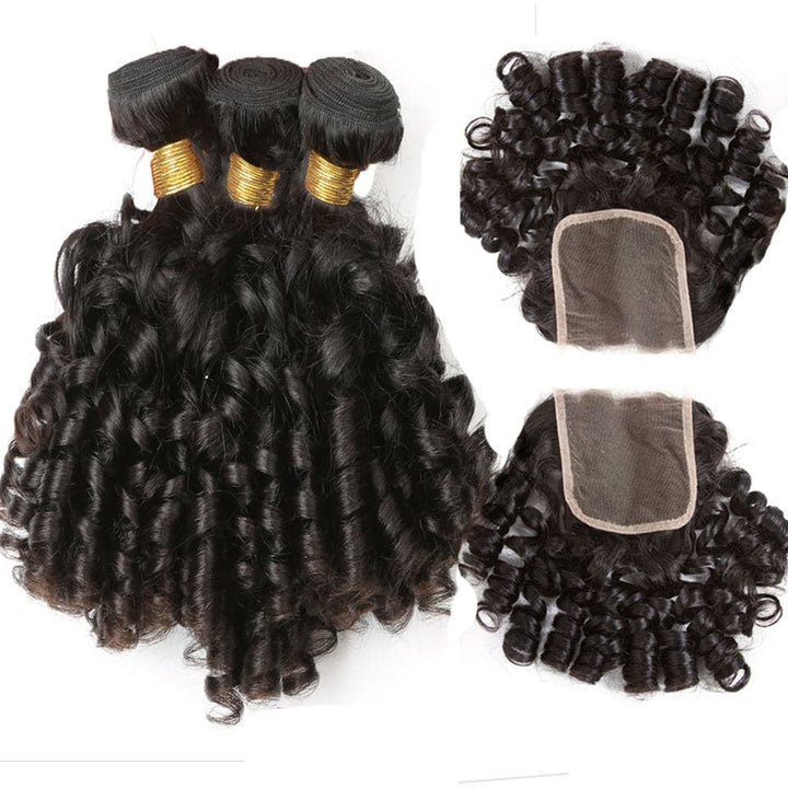 Bouncy Curly 4 pacotes com extensões de cabelo virgem indiana com fecho de renda 4x4 