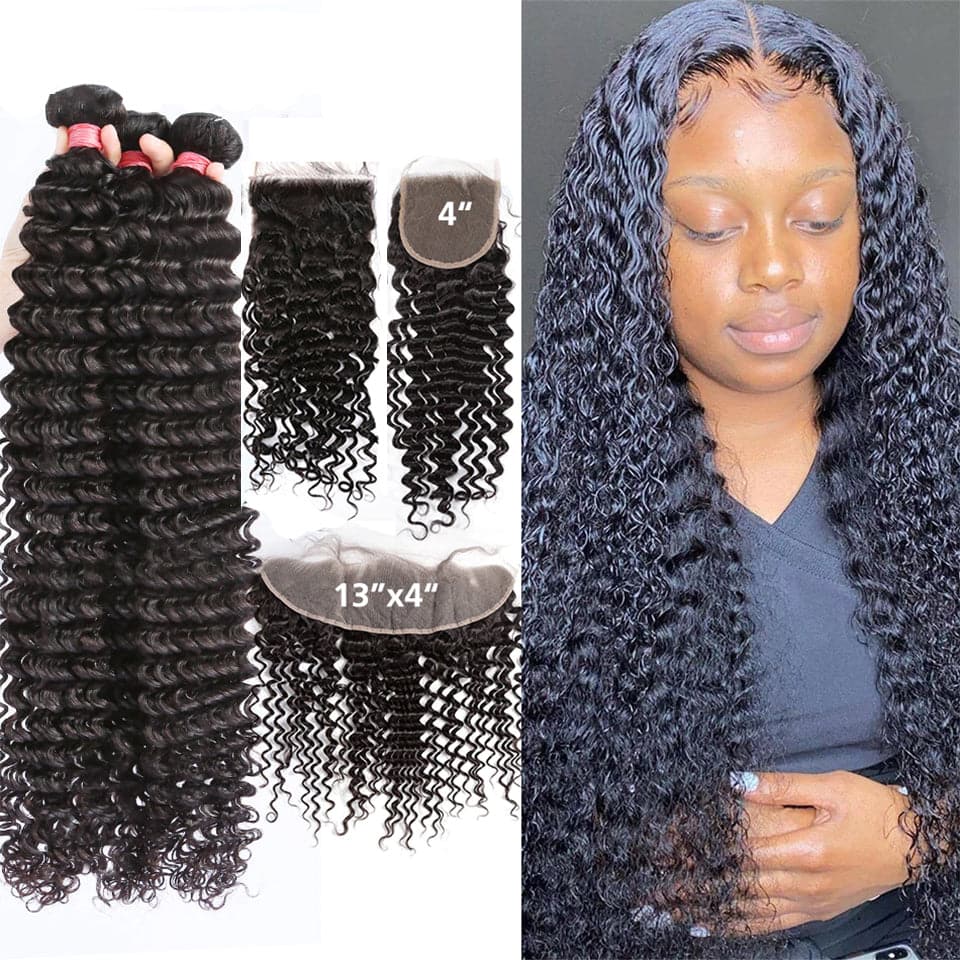 Deep Wave 100% Human Hair 4 Bundles With Frontal Brazilian Hair Weave 13x4 Transparent Lace