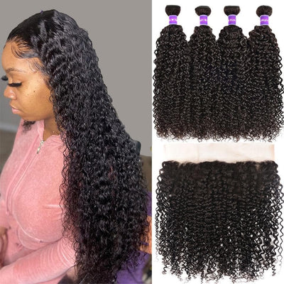 Peruvian Kinky Curly Hair 4 Bundles With 13x4 Frontal Curly Human Hair Transparent Lace closure