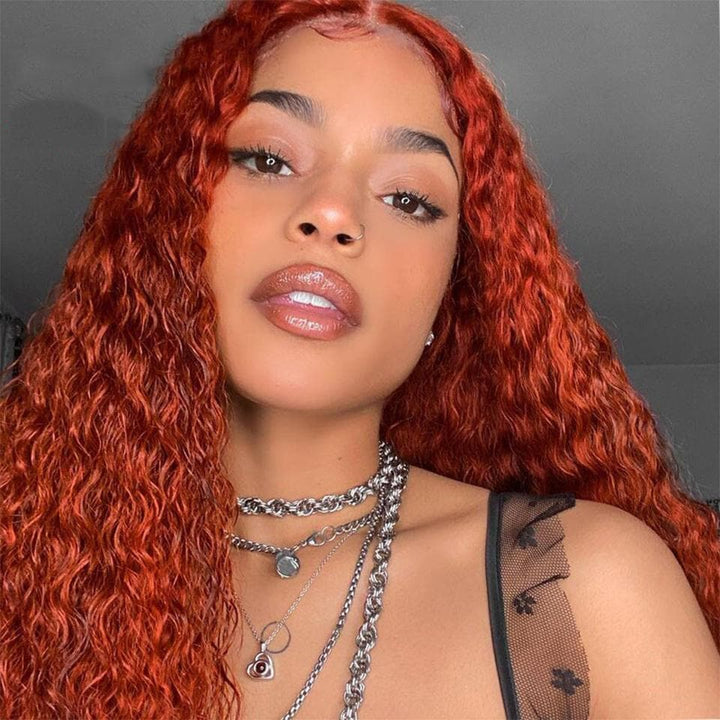 #350 Ginger 13x4 5x5 Lace frontal Water Wave Wigs with Baby Hair For Black Women