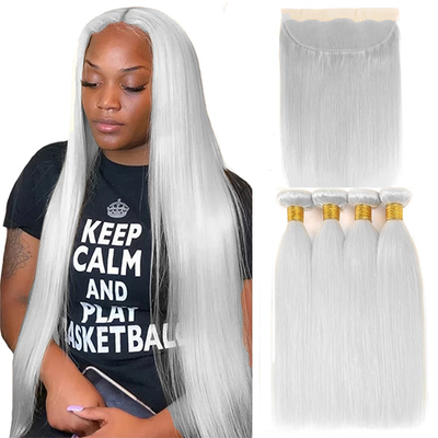 Silver Straight 4 Bundles With 13x4 Lace Frontal Brazilian Human Hair